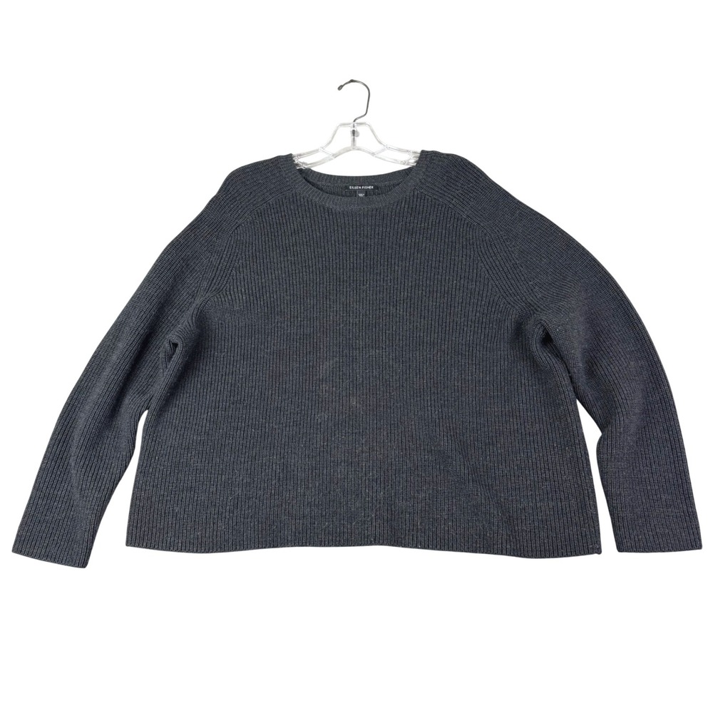 Eileen Fisher L Charcoal Gray Merino Wool Ribbed Sweater Raglan Layer Minimalist